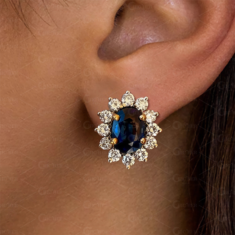 Halo Oval Cut Blue Sapphire Stud Earrings