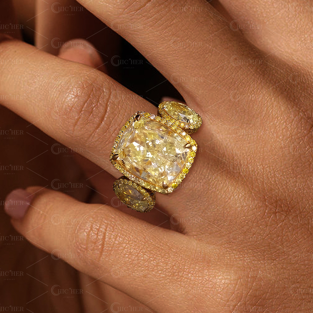 3ct Cushion Cut Yellow Sapphire Three Stone Ring