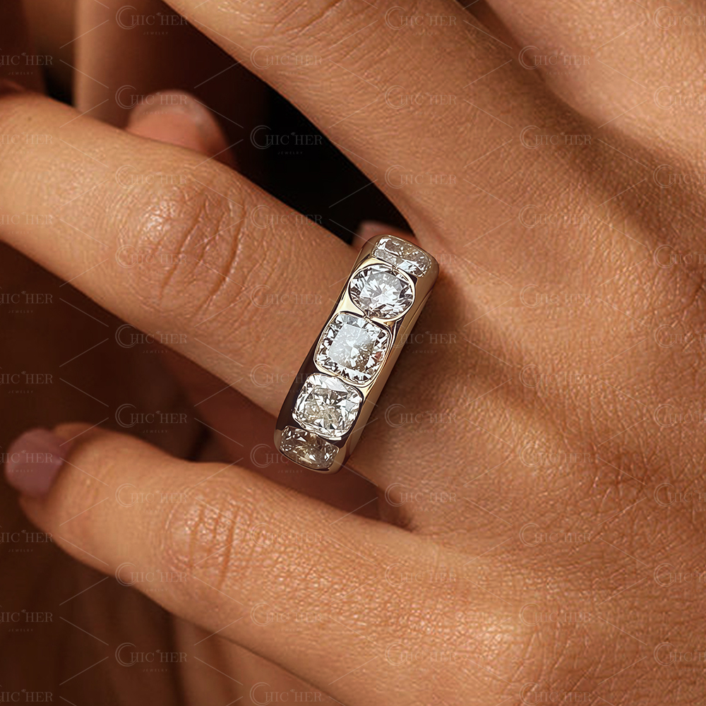 Cushion & Round Cut White Sapphire Wedding Band