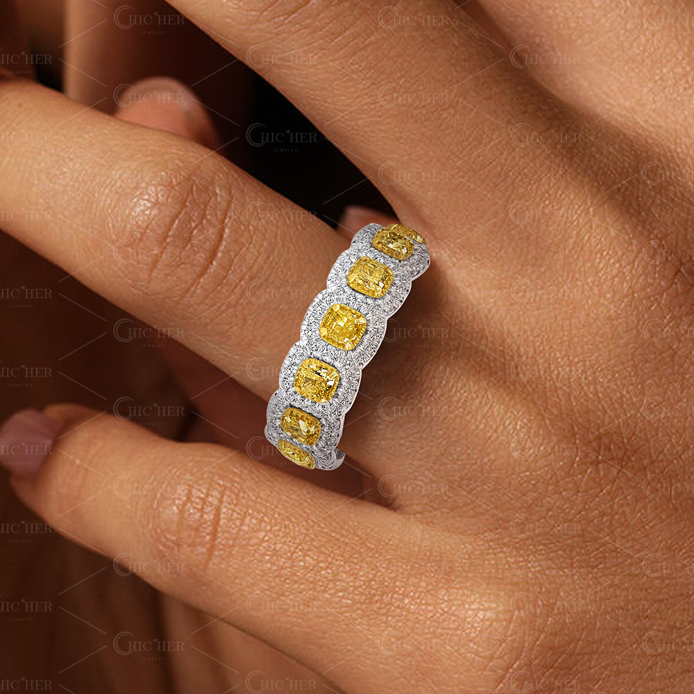 Cushion Cut Yellow Sapphire Eternity Wedding Band