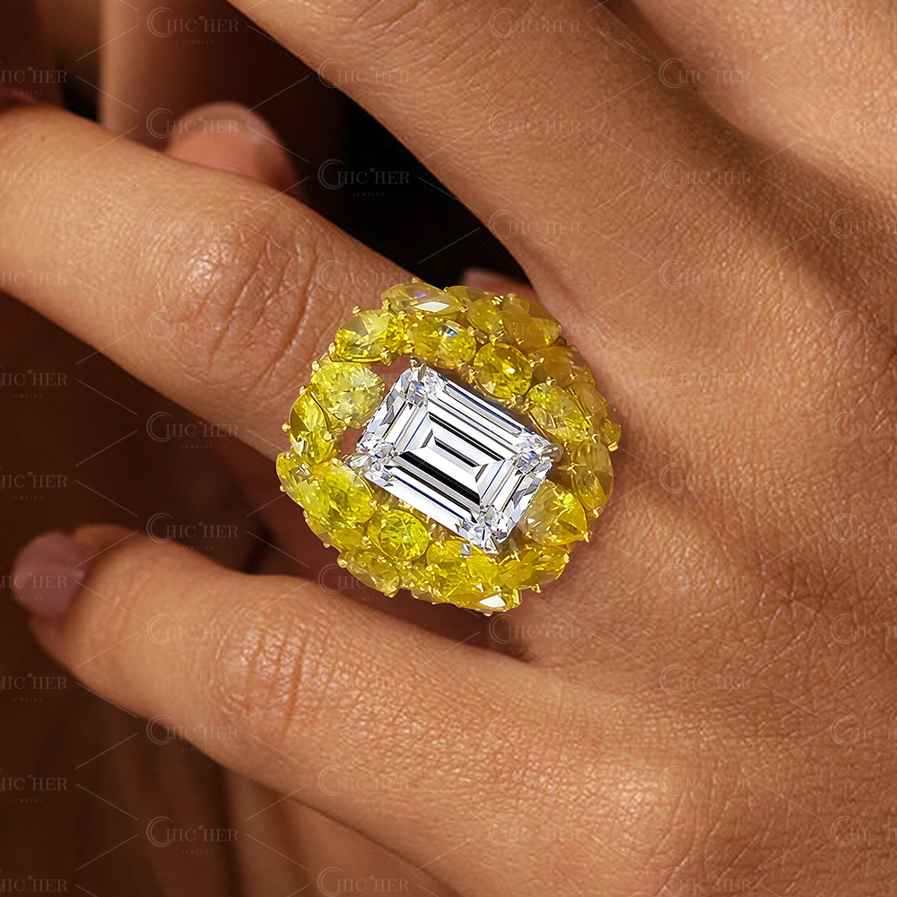 4ct Emerald Cut White Sapphire & Round Cut Yellow Sapphire Ring