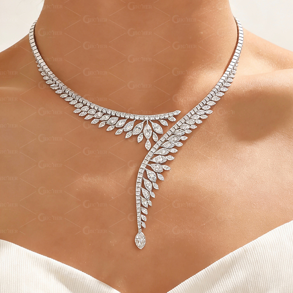 Open Design Marquise&Round Cut White Sapphire Necklace