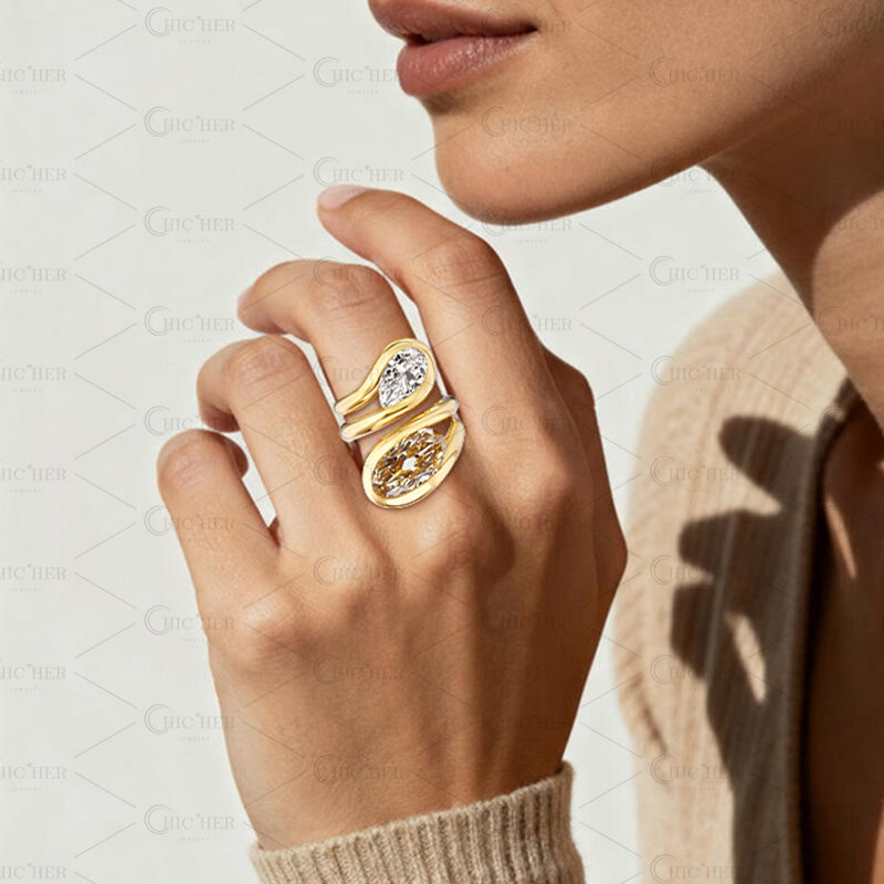 Toi et Moi Champagne & White Sapphire Oval & Pear Cut Ring