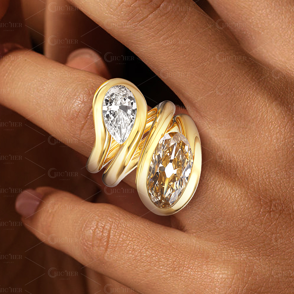 Toi et Moi Champagne & White Sapphire Oval & Pear Cut Ring