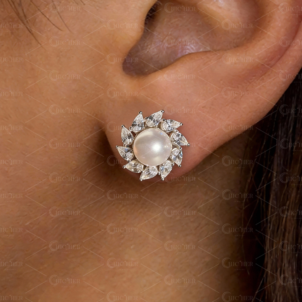Pear Cut White Sapphire Pearl Stud Earrings