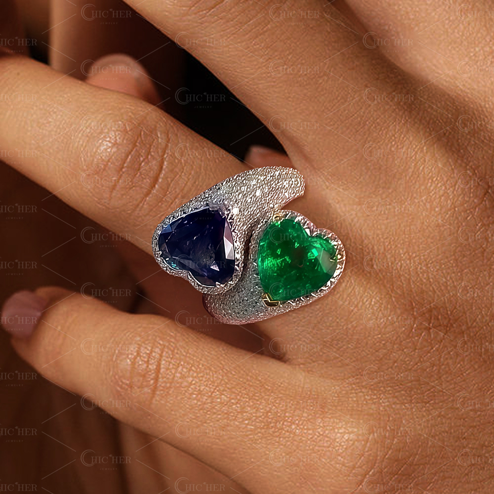 Toi et Moi Design Emerald & Blue Sapphire Micro-Pave Ring
