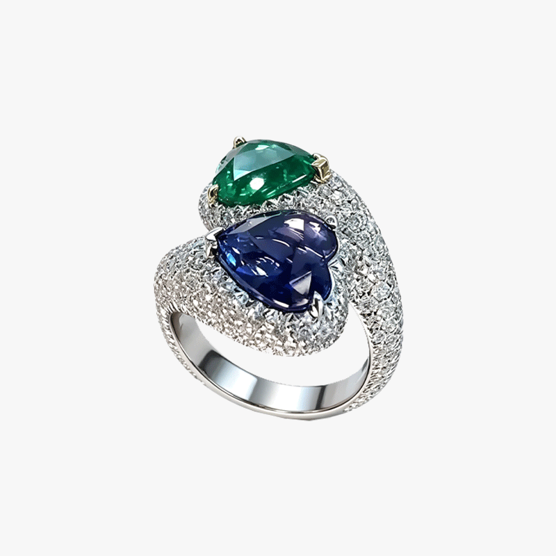 Toi et Moi Design Emerald & Blue Sapphire Micro-Pave Ring