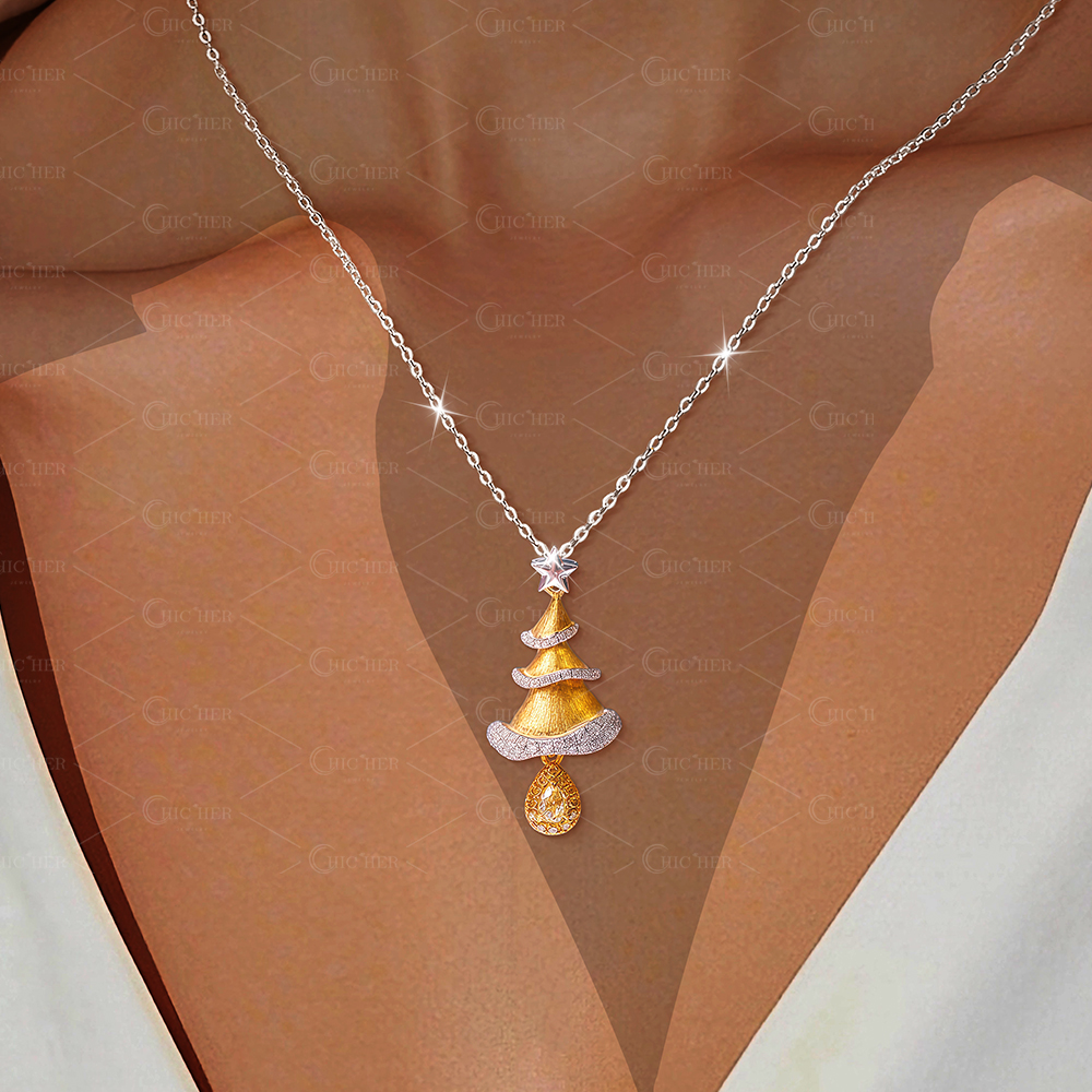 Luxury Christmas Tree Pendant Necklace with Yellow Diamond – Festive Holiday Jewelry Gift