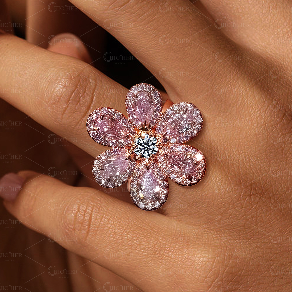 Flower Design  Pear Cut Pink Sapphire Cocktail Ring
