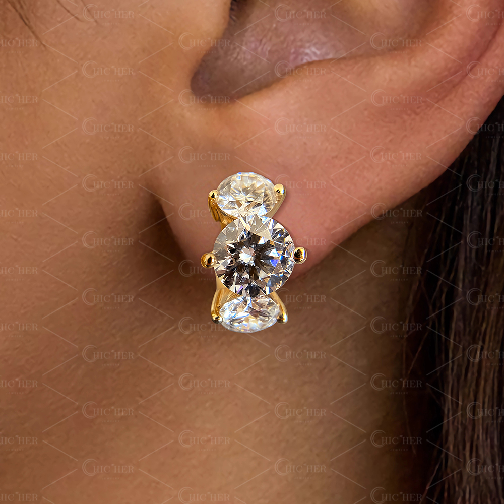 Round Cut White Sapphire Three Stone Hoop Earrings