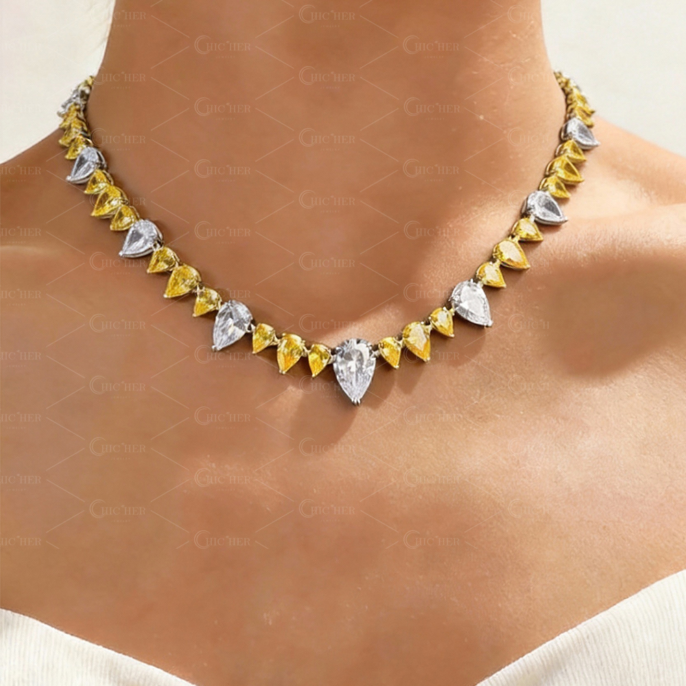 Pear Cut Yellow&White Sapphire Necklace