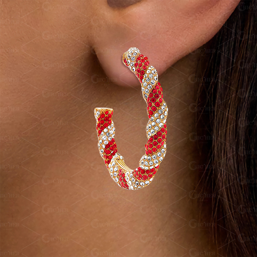 Bold Fashion Style Red&White Sapphire Braided Hoop Earrings
