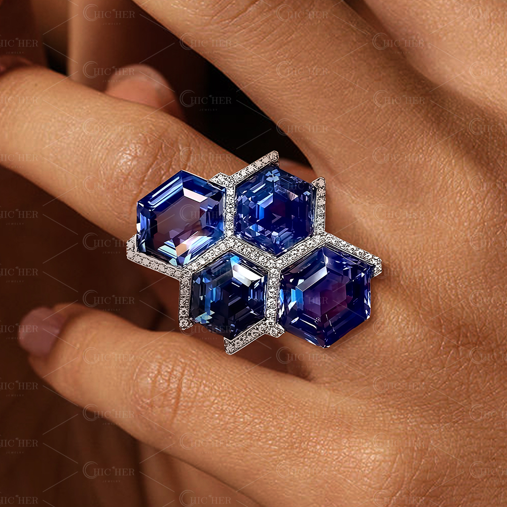 Geometric 12ctw Hexagon Cut Blue Sapphire Ring