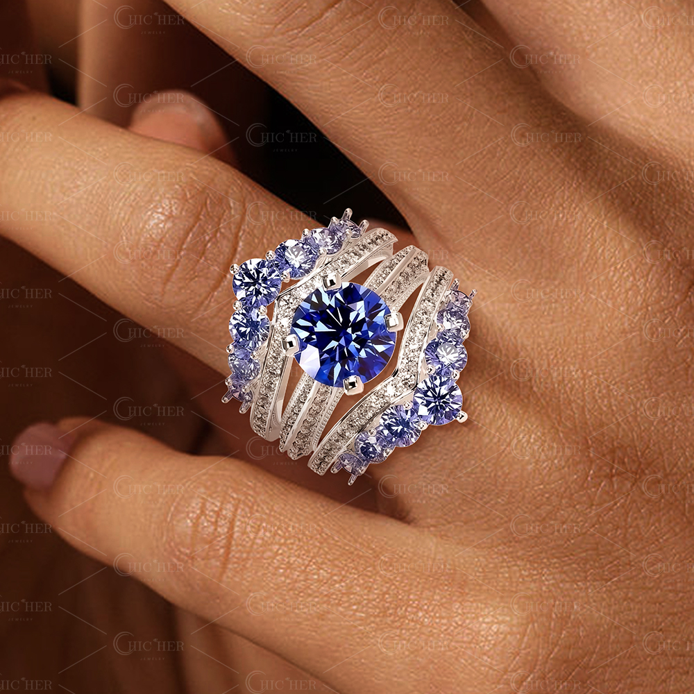 Dramatic Regal 3ct Round Cut Blue Sapphire Ring Set / 2 pieces