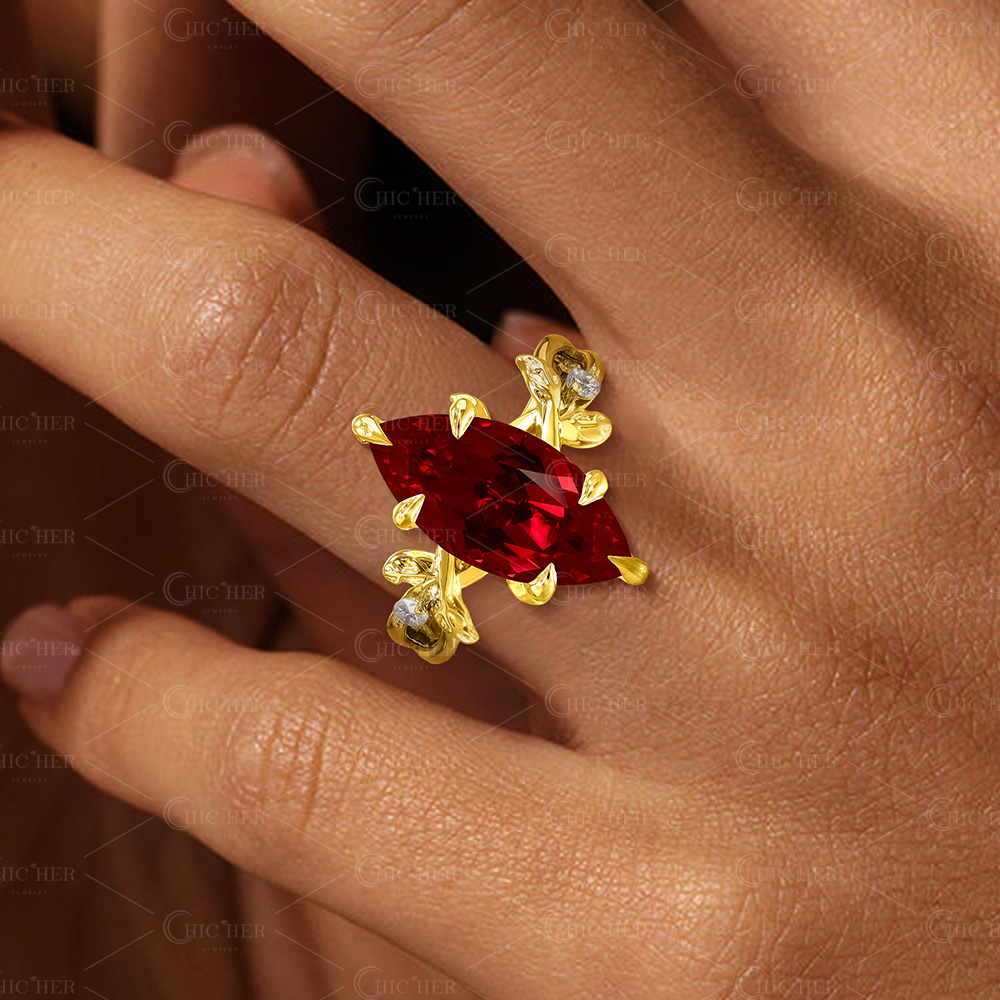 3ct Marquise Cut Ruby&White Hidden Halo Floral Ring