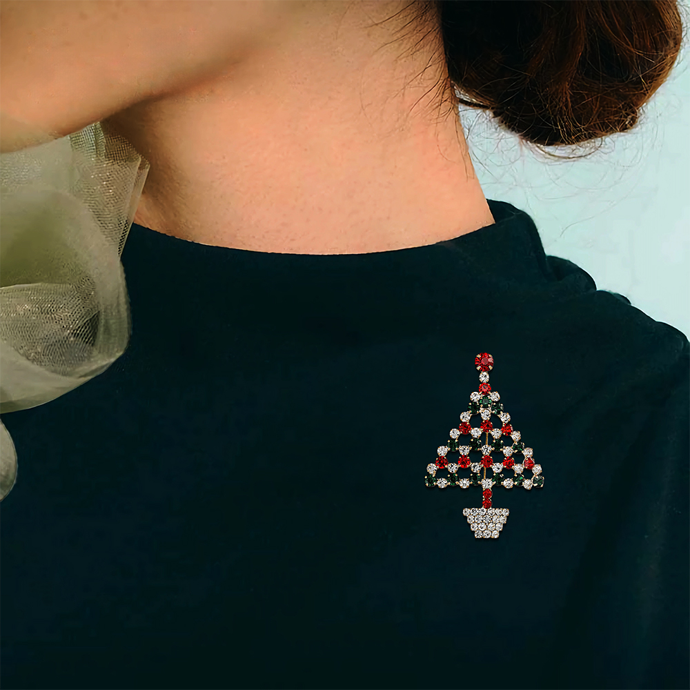 Holiday Round Cut Red, Green & White Sapphire Christmas Tree Brooch