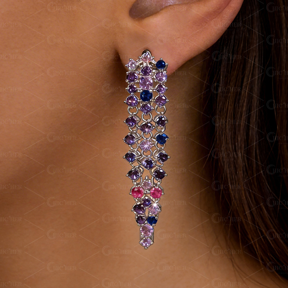 Round Cut Lavender & Indigo Sapphire Silver Threader Drop Earrings