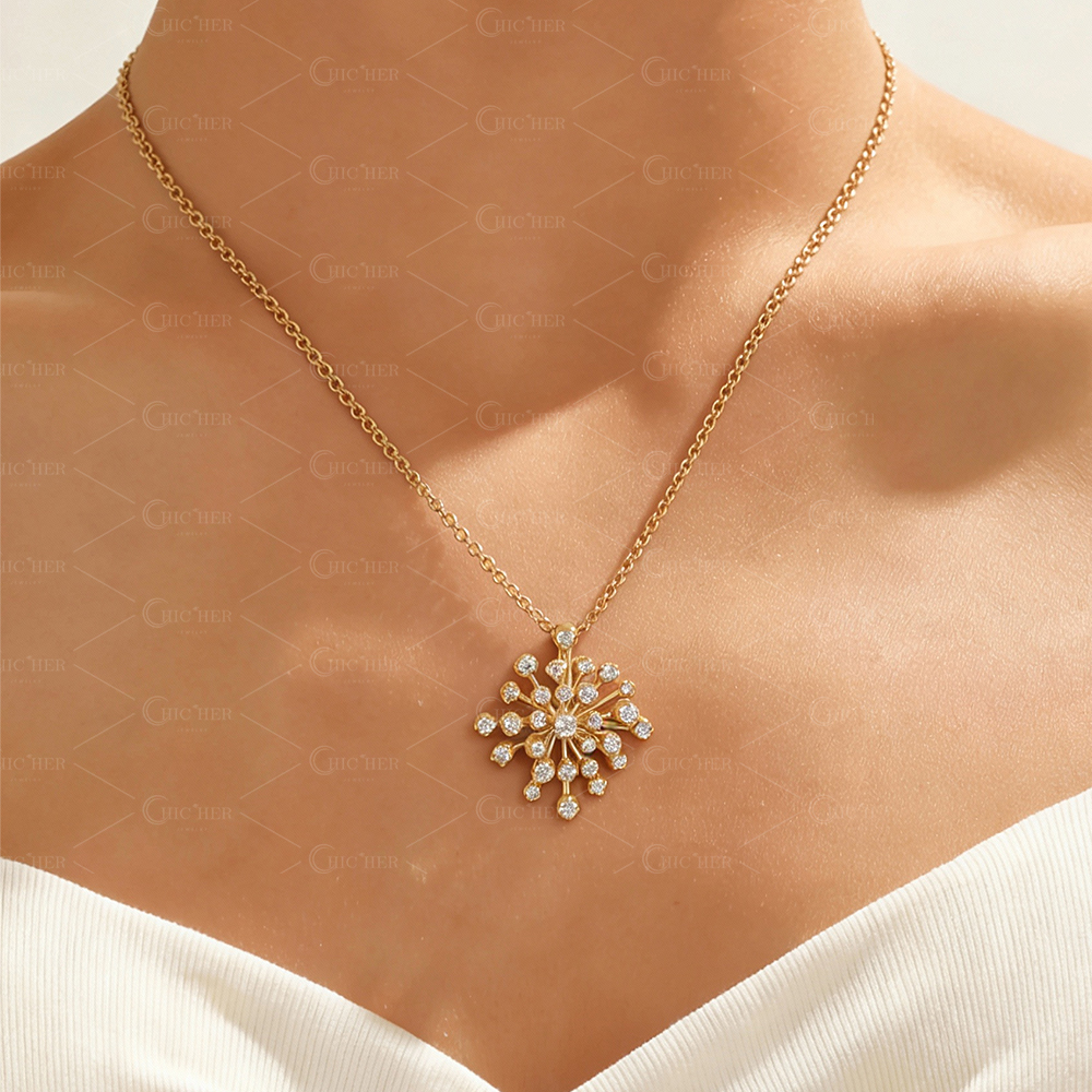Round Cut White Sapphire Snowflake Pendant Necklace