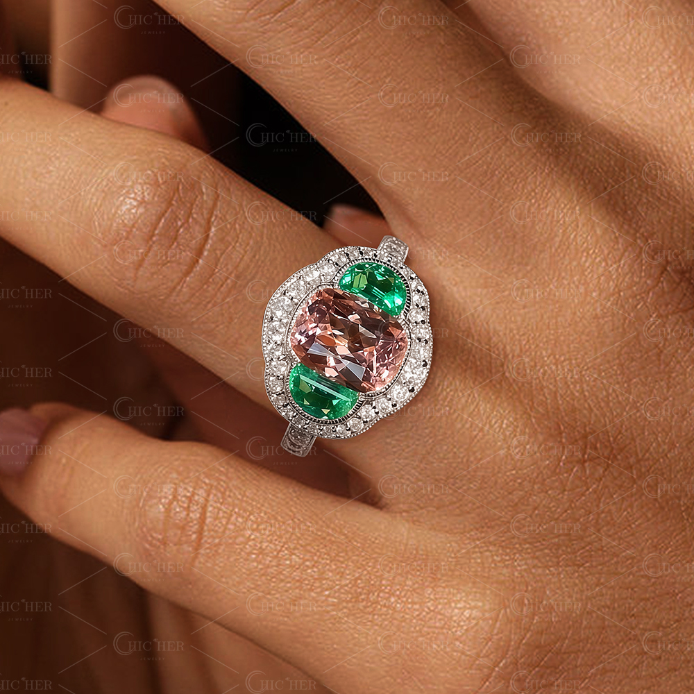 Chic Contrast 2ct Cushion Cut Pink & Emerald Sapphire Halo Ring