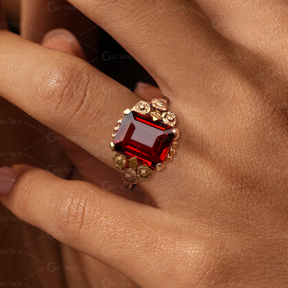 Vintage Floral 4ct Emerald Cut Garnet Sapphire Engagement Ring