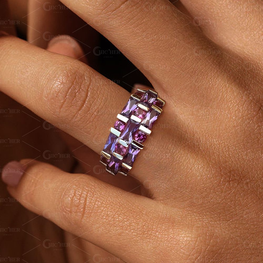 Vibrant Ombre 4.5 ctw Rectangle & Round Cut Purple Amethyst & Pink Sapphire Band