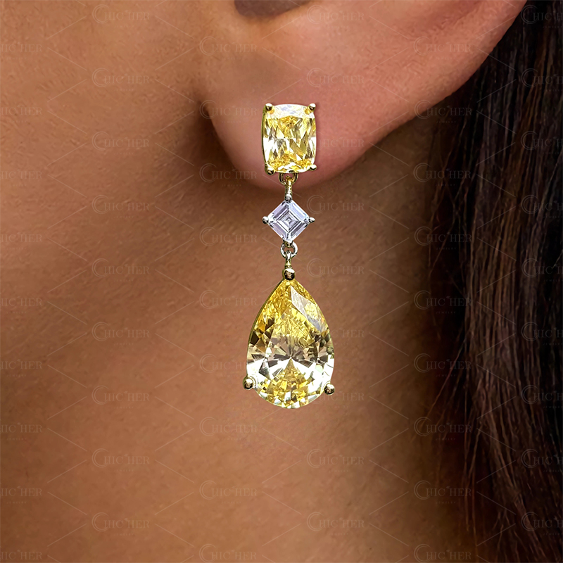 Cushion & Pear Cut Yellow & White Sapphire Drop Earrings
