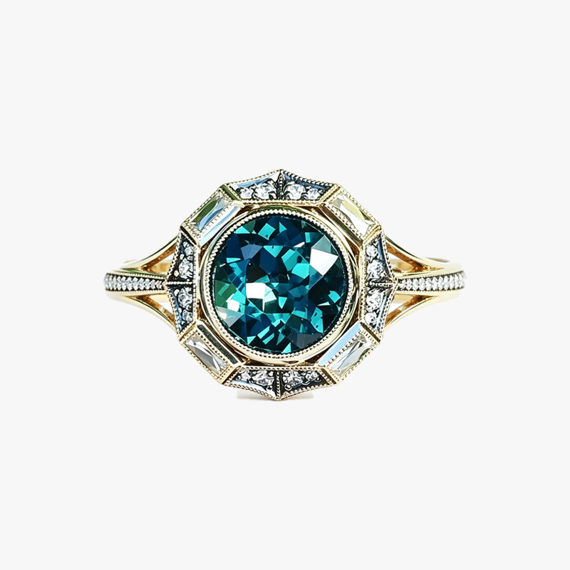 Vintage Octagonal 4ct Round Cut Teal Sapphire Statement Ring