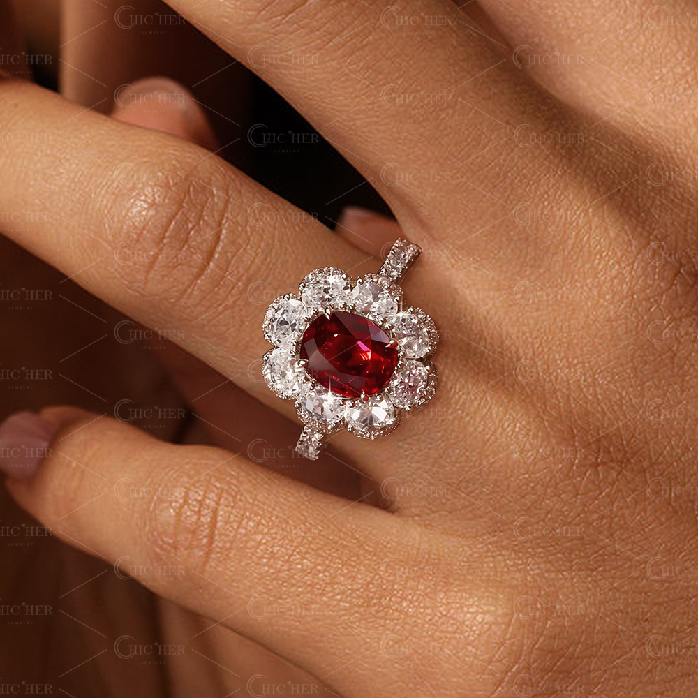 Romantic Floral 3ct Oval Cut Vivid Red Ruby & White Sapphire Statement Ring