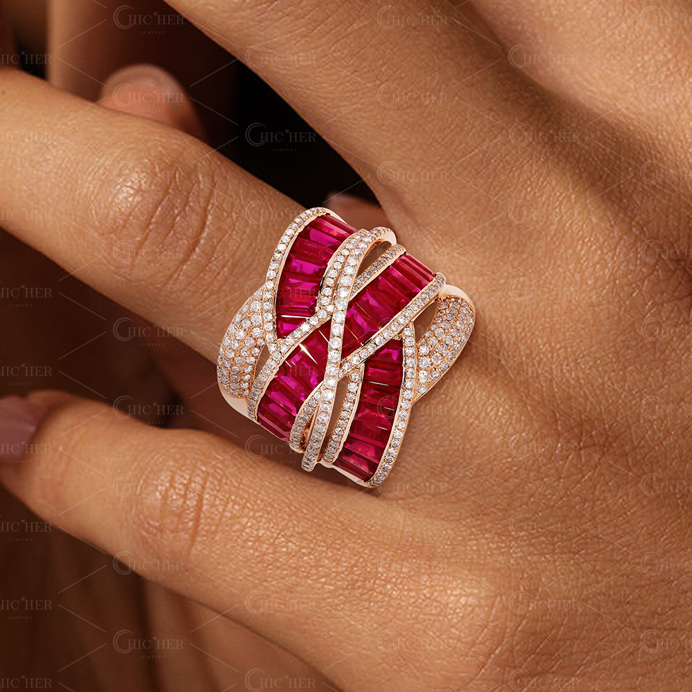 Twisted Pave Ruby & White Sapphire Emerald Cut Multi-Band