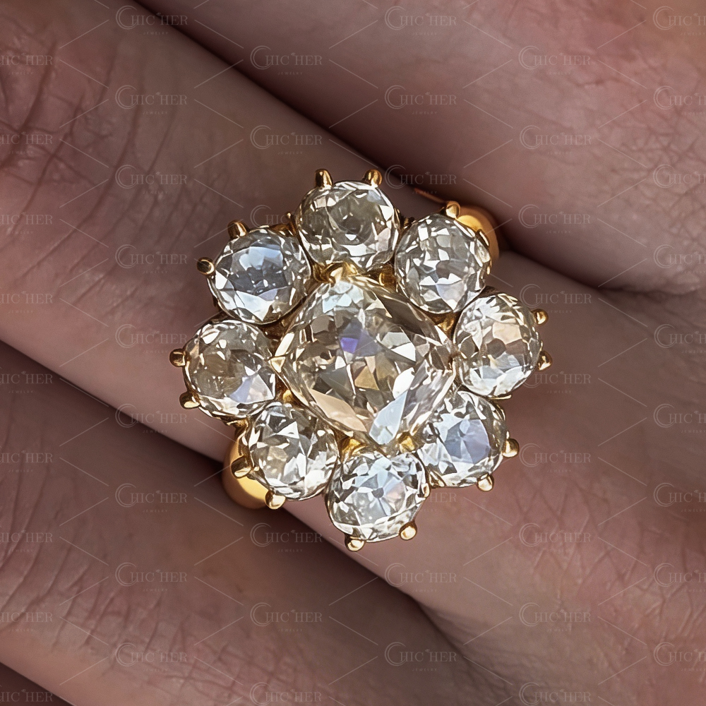 Vintage Cluster White Sapphire Cushion Cut Floral Engagement Ring