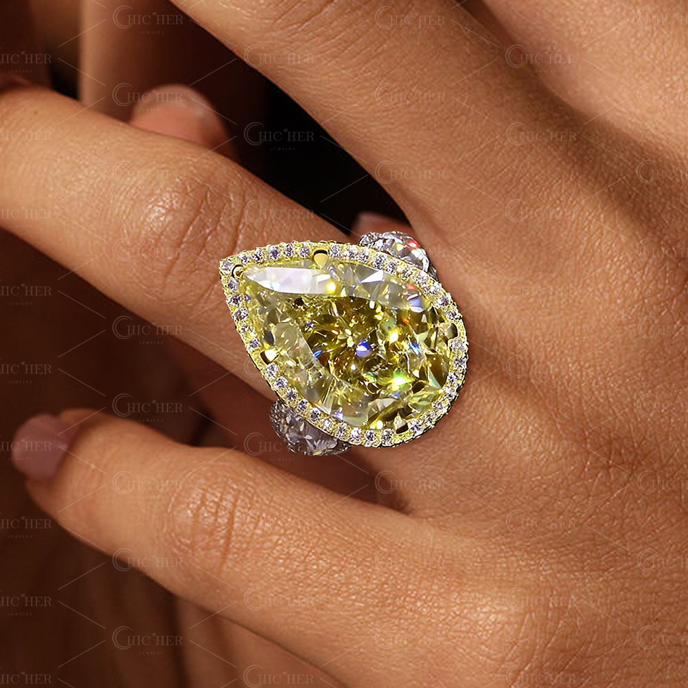 Halo Accent Yellow Sapphire Pear Cut Three-Stone Engagement Ring