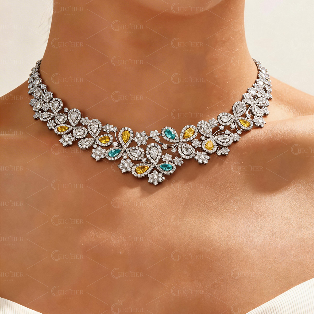 Floral Cluster White Sapphire & Multi-Color Sapphire Pear Cut Statement Choker