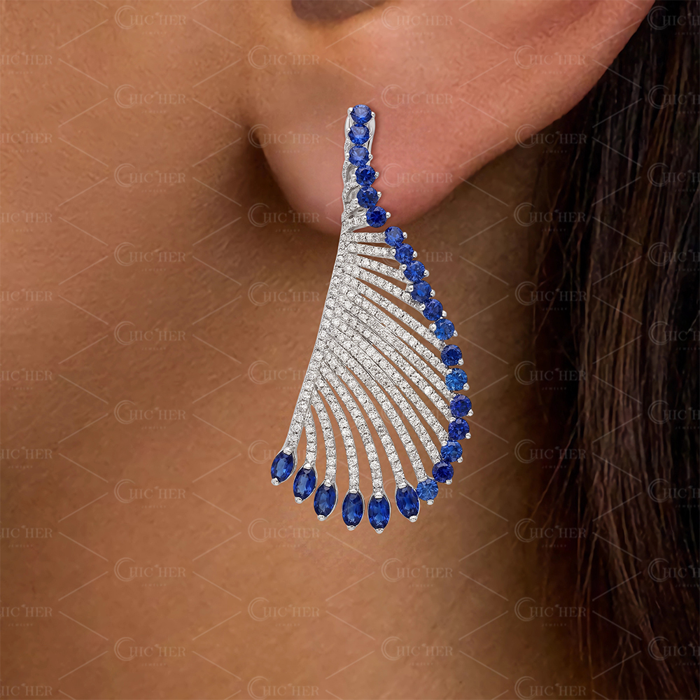 Feather Motif Pave Blue Sapphire & White Sapphire Drop Earrings