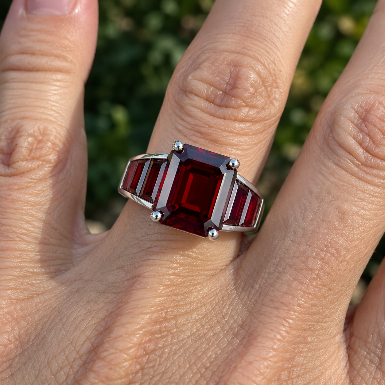 5ct Sleek Baguette Garnet & Red Sapphire Emerald Cut Ring
