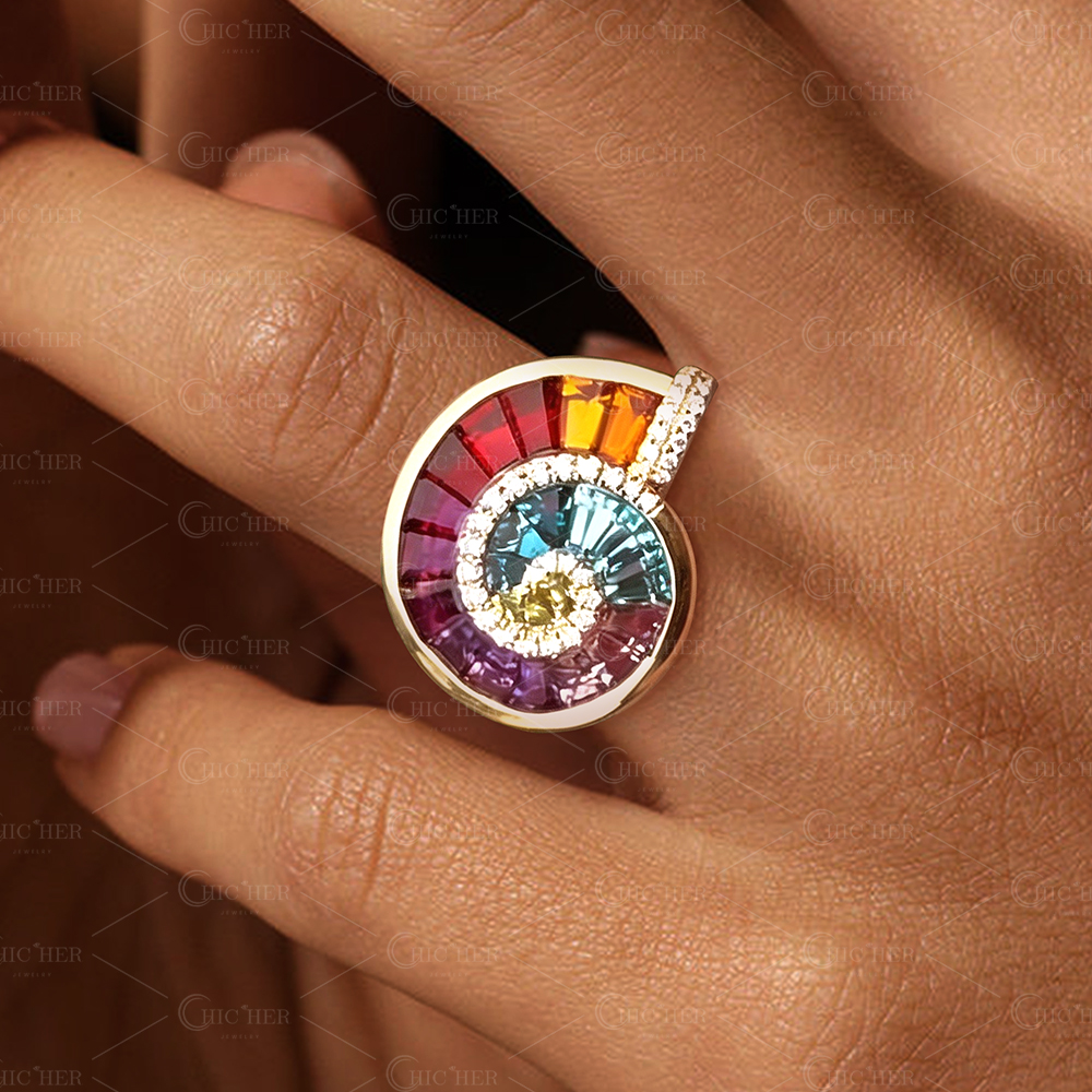 Ammonite Motif Rainbow Sapphire Baguette Cut Statement Band for Men / Women