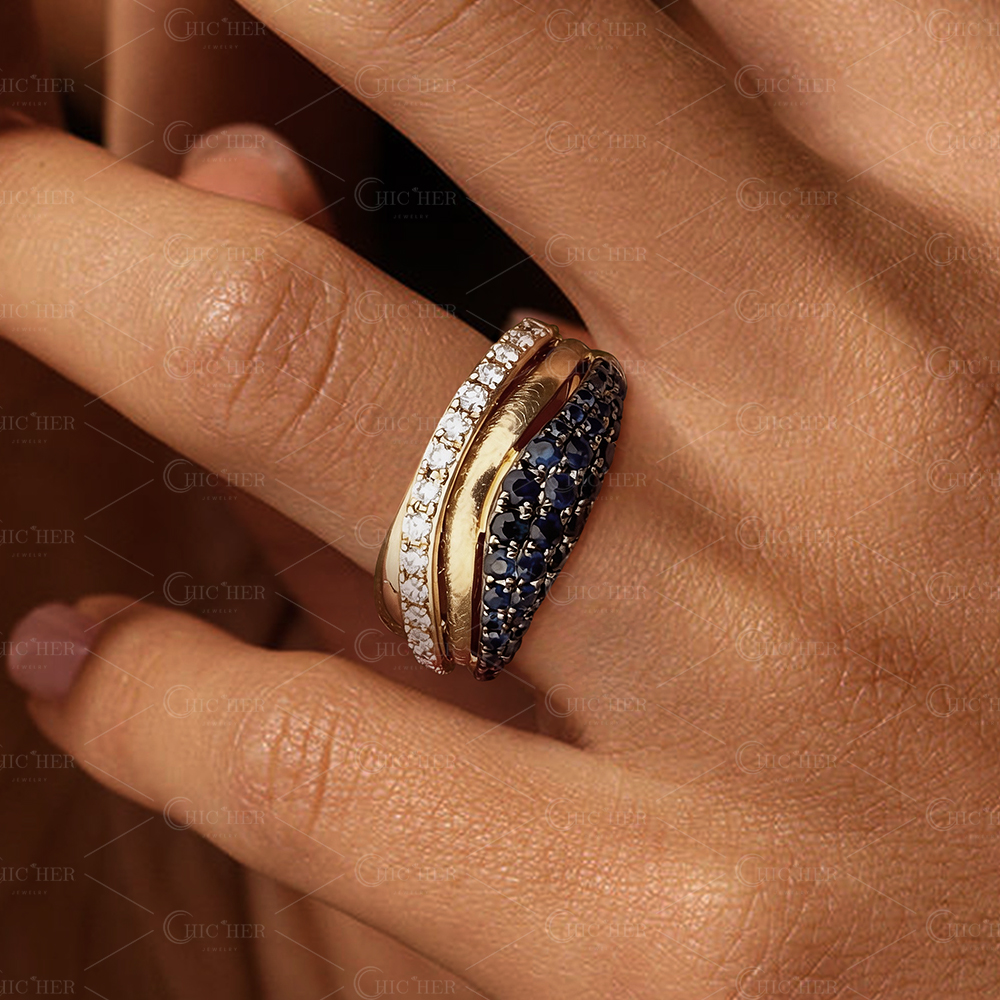 Layered Pave Blue Sapphire & White Sapphire Statement Band for Men / Women