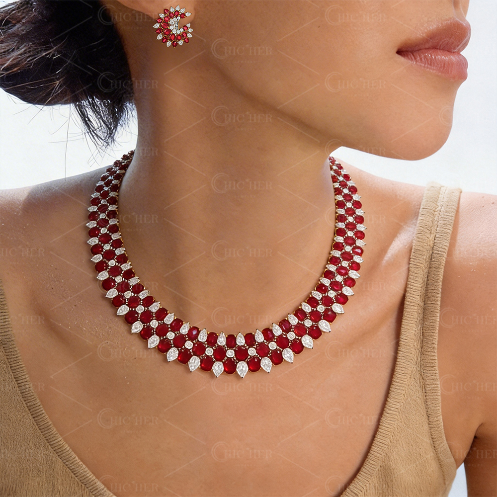 Cascading Ruby & Diamond Cluster Necklace-Earring Set
