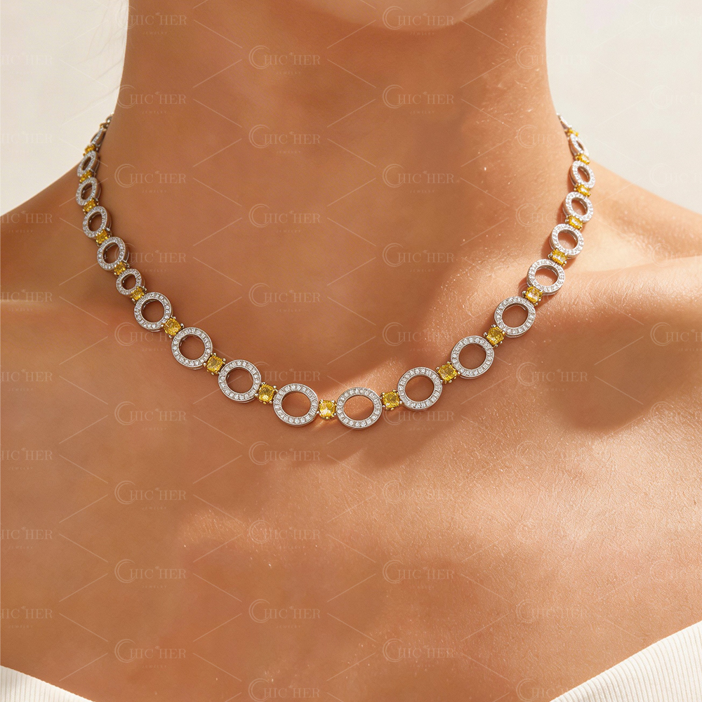 Modern Open-Circle Diamond & Yellow Sapphire Choker Necklace