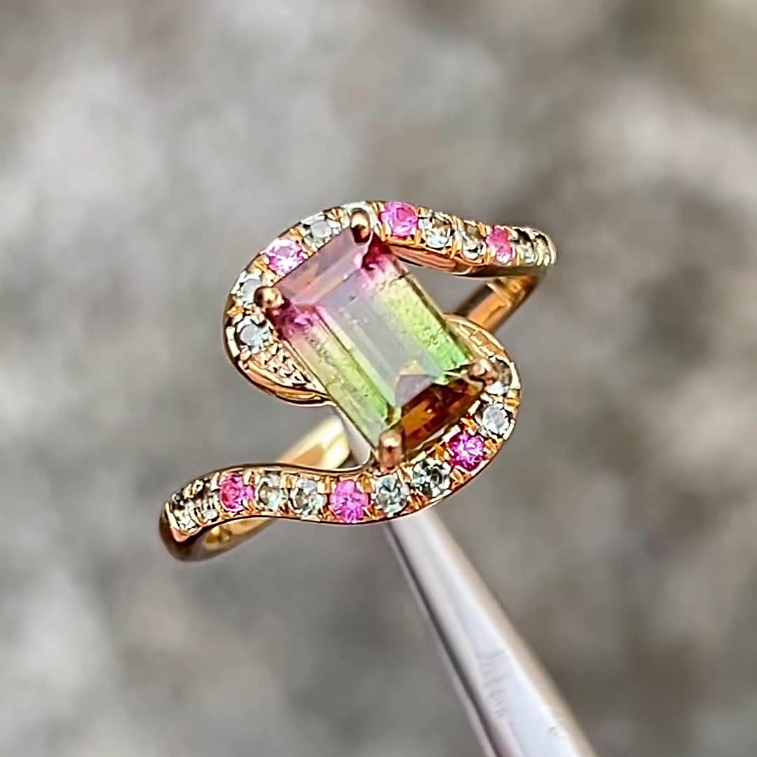 4ct Emerald Cut Watermelon Tourmaline Sapphire Ring