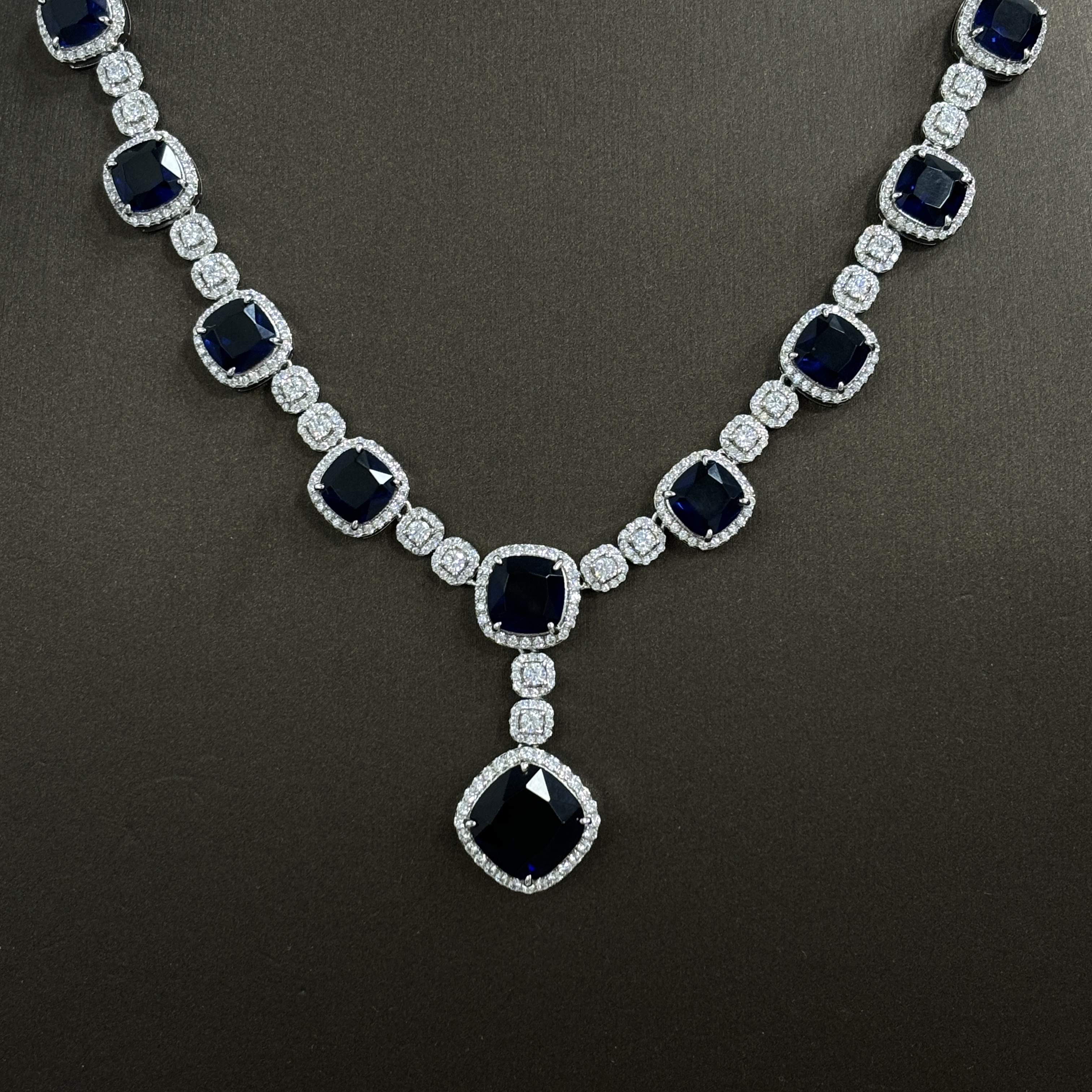 Cushion Cut Blue Sapphire Necklace&Earrings Set/2pcs