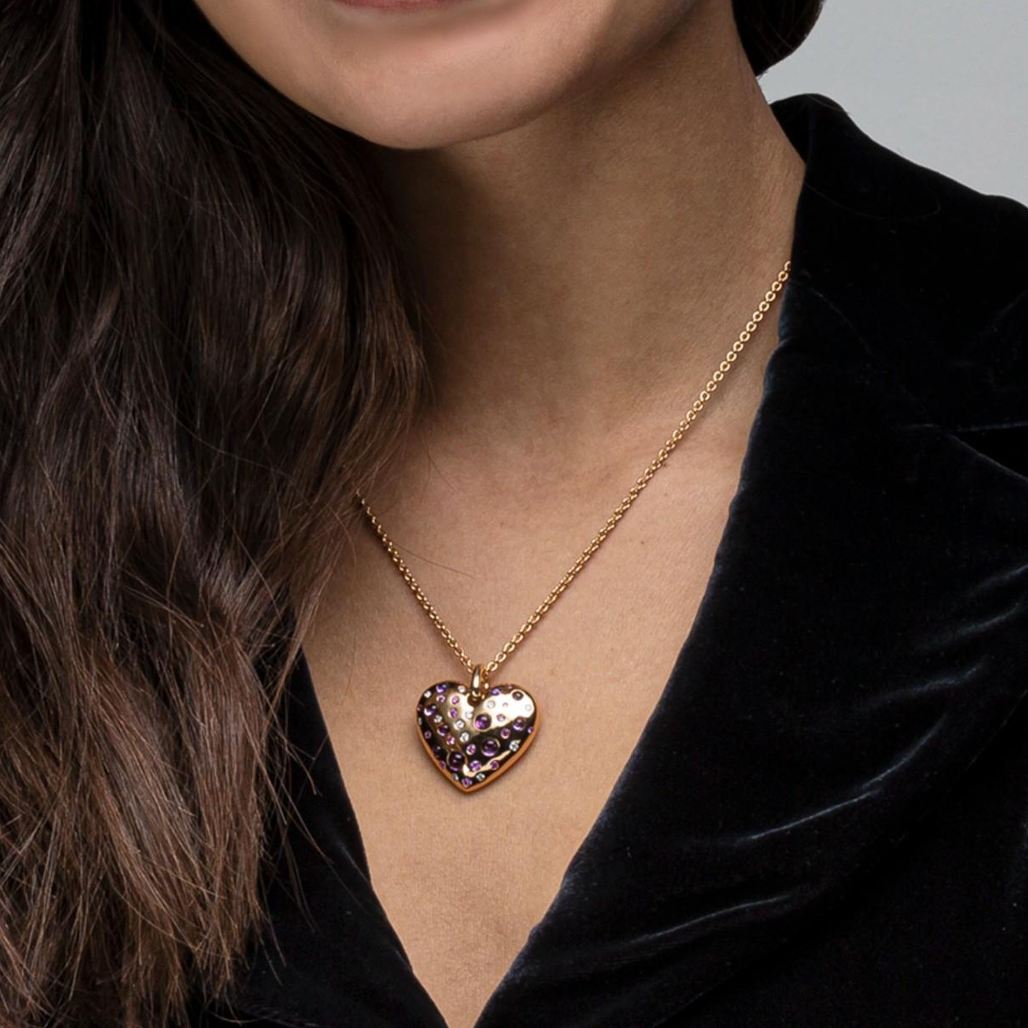 Pink&Amethyst&Diamond Heart Pendant Necklace