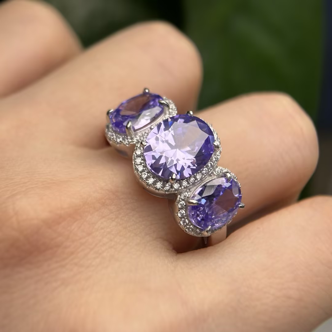 7.95ct Three-stone Halo Oval Cut Paraiba / Pink / Purple Sapphire Eternity Ring (3 Color Options)