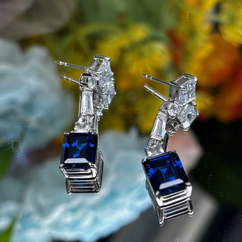 Emerald Cut Blue & Multi Cut White Sapphire Earrings