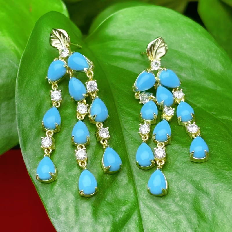 Original Design - Pear Cut Turquoise & White Sapphire Dangle Earrings