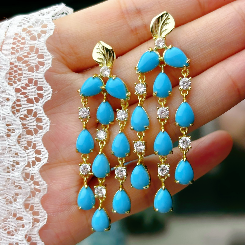 Original Design - Pear Cut Turquoise & White Sapphire Dangle Earrings