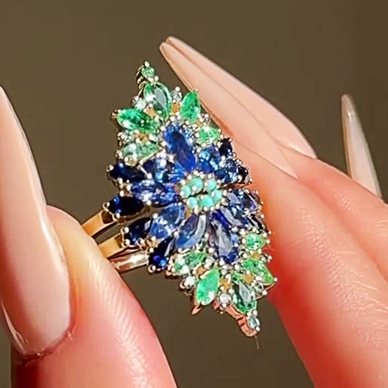 7.25ct Floral Multi-Cut Emerald&Blue Sapphire Ring Set