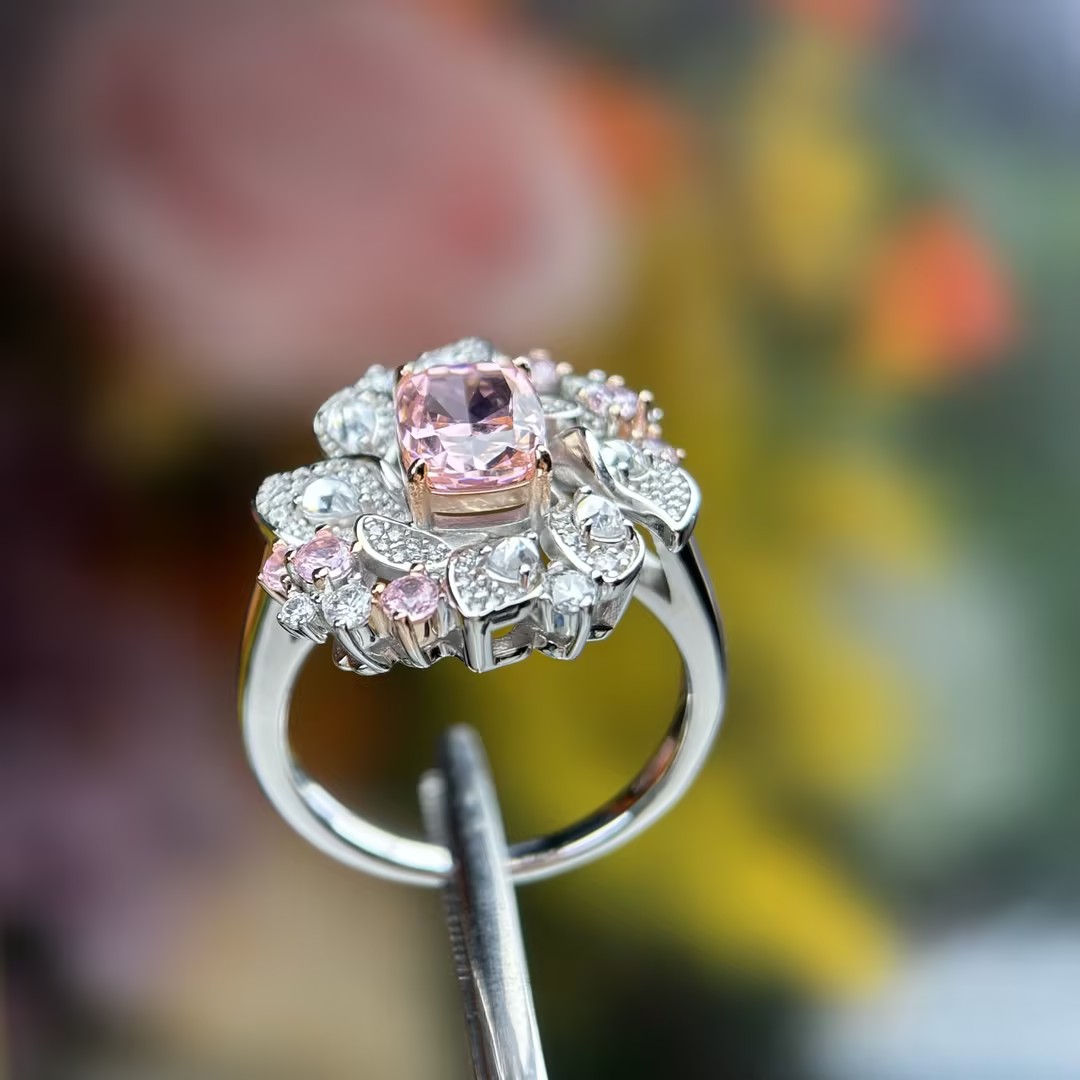 Original Design - 2ct Cushion Cut Pink Sapphire & White Moissanite Engagement Ring