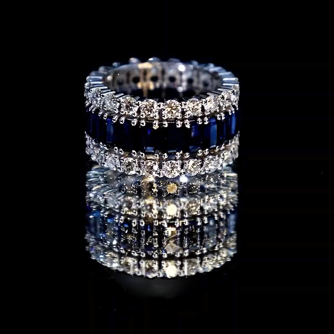 7.35ct Emerald Cut Blue Sapphire Eternity Ring