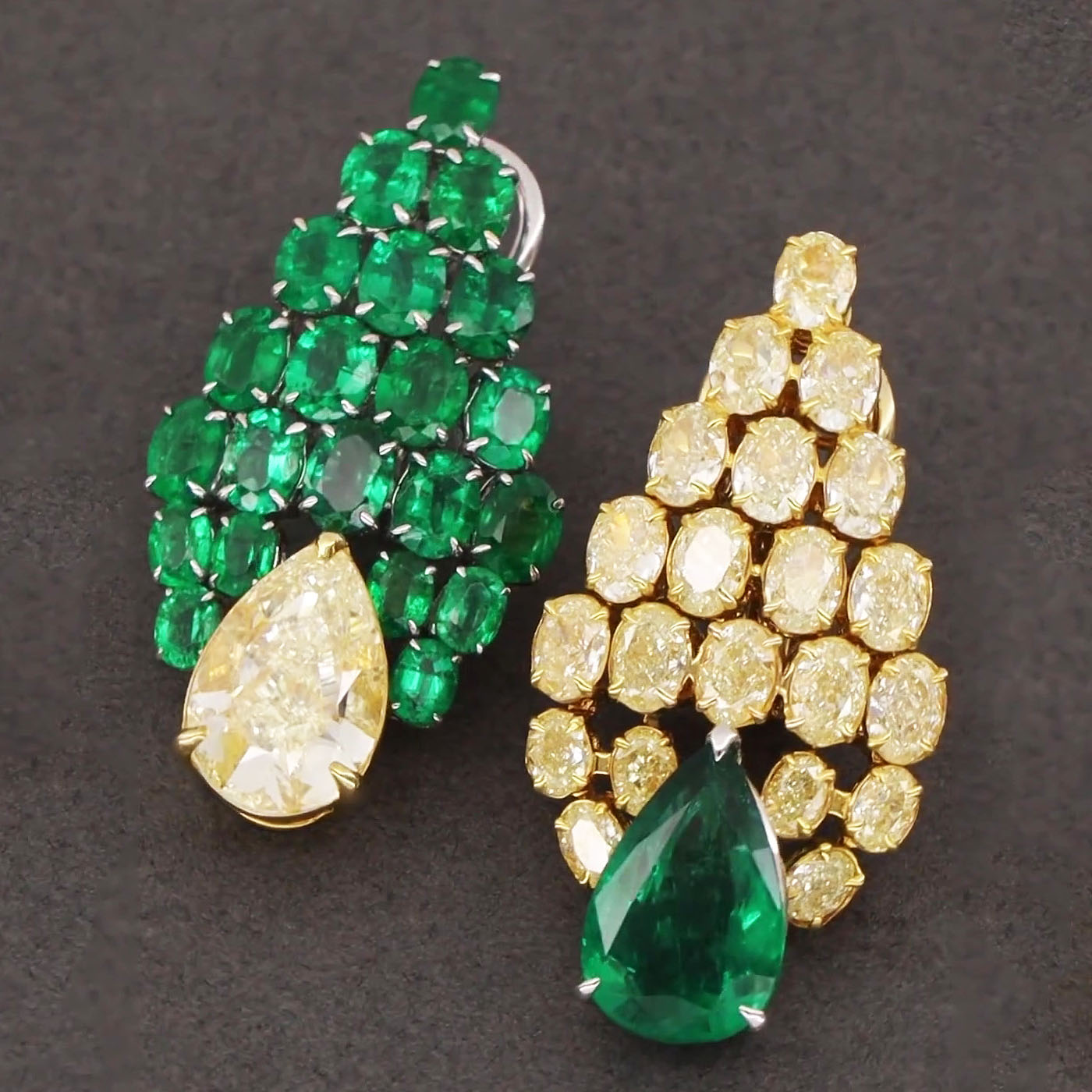 Art Deco Pear And Oval Cut Emerald&Yellow Sapphire Earrings