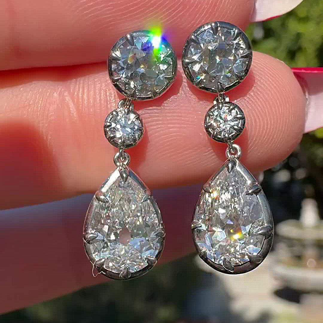Art Deco Round&Pear Cut White Sapphire Drop Earrings